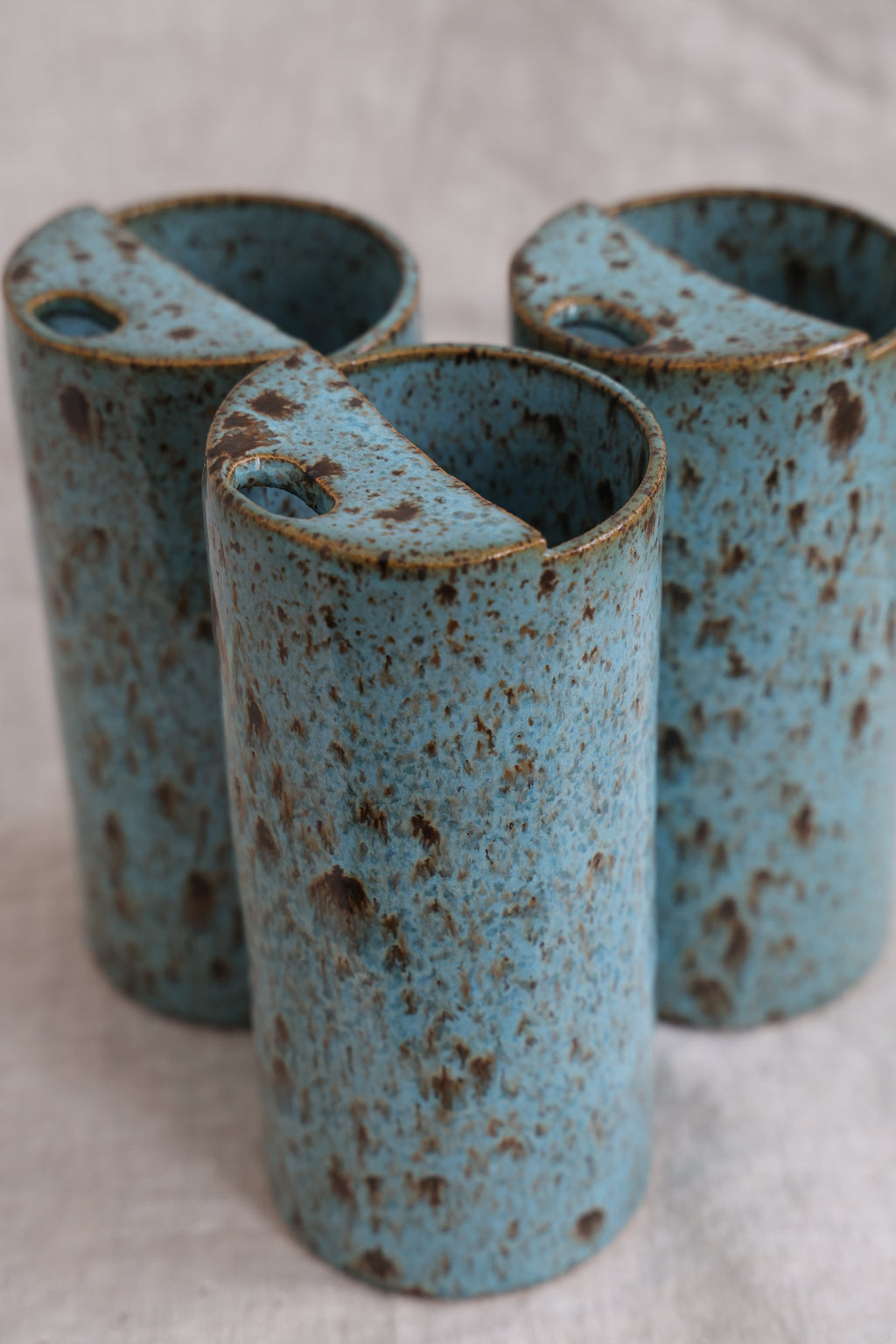 Blue Feathers Speckled To Go Cup, Travel Mug, Travel Tumbler, Mustache Saver, Ceramic Stoneware,  Hand Thrown in Maine Holds 14-16oz.