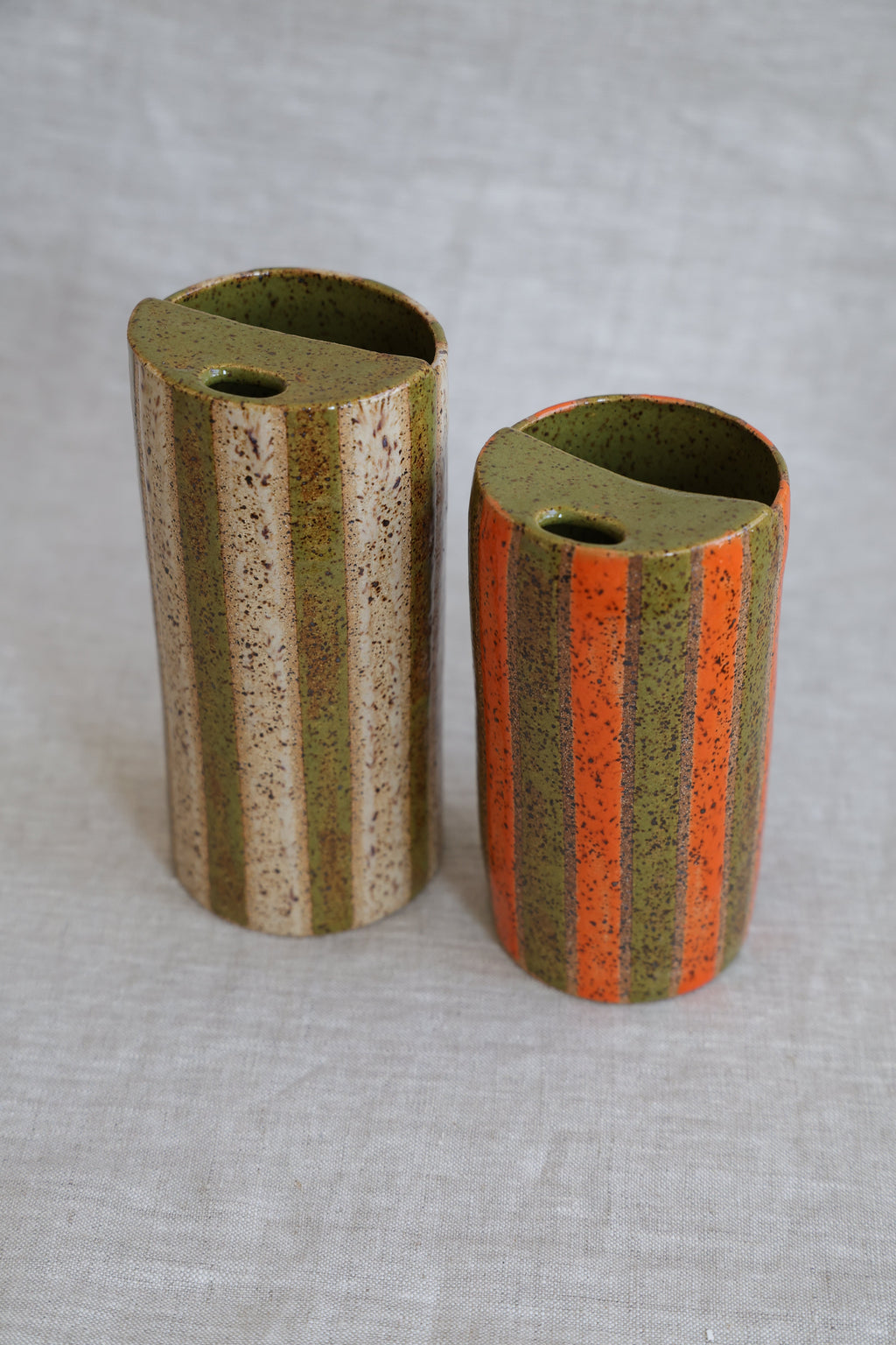 Olive and Neutral Striped Speckled Travel Mug, To Go Cup, On The Go Cup, Ceramic Travel Mug 14-16 oz.