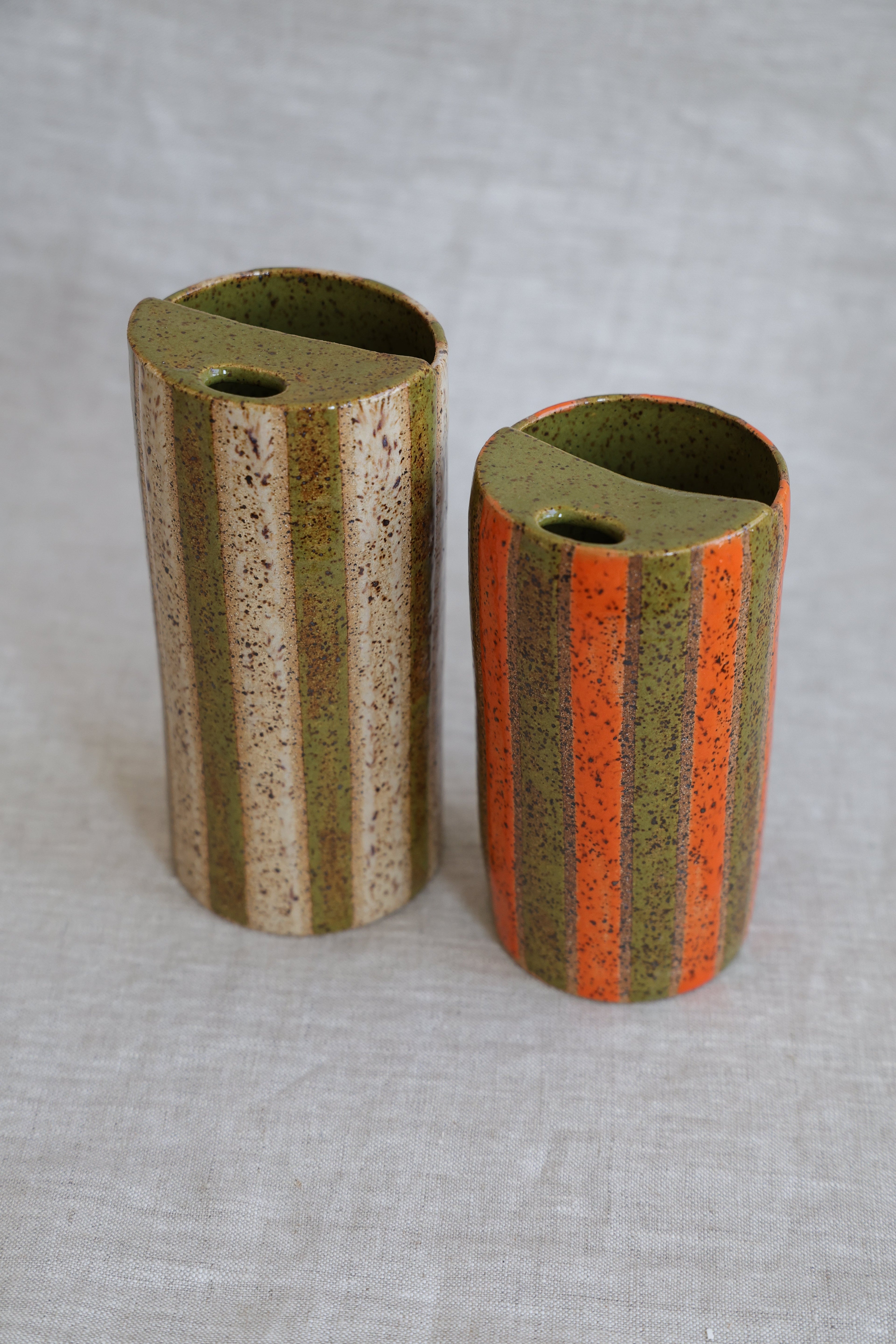 Olive and Neutral Striped Speckled Travel Mug, To Go Cup, On The Go Cup, Ceramic Travel Mug 14-16 oz.