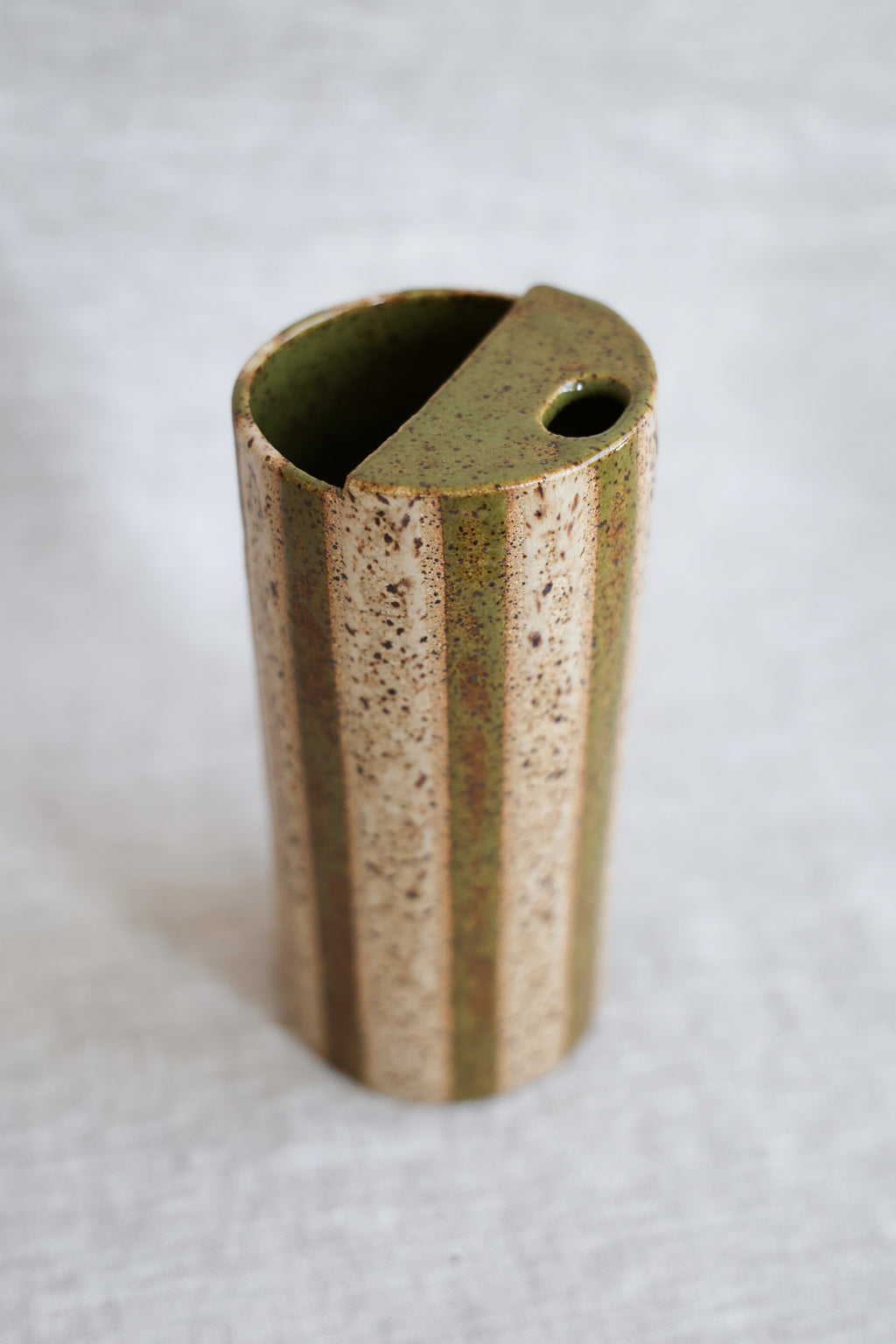 Olive and Neutral Striped Speckled Travel Mug, To Go Cup, On The Go Cup, Ceramic Travel Mug 14-16 oz.