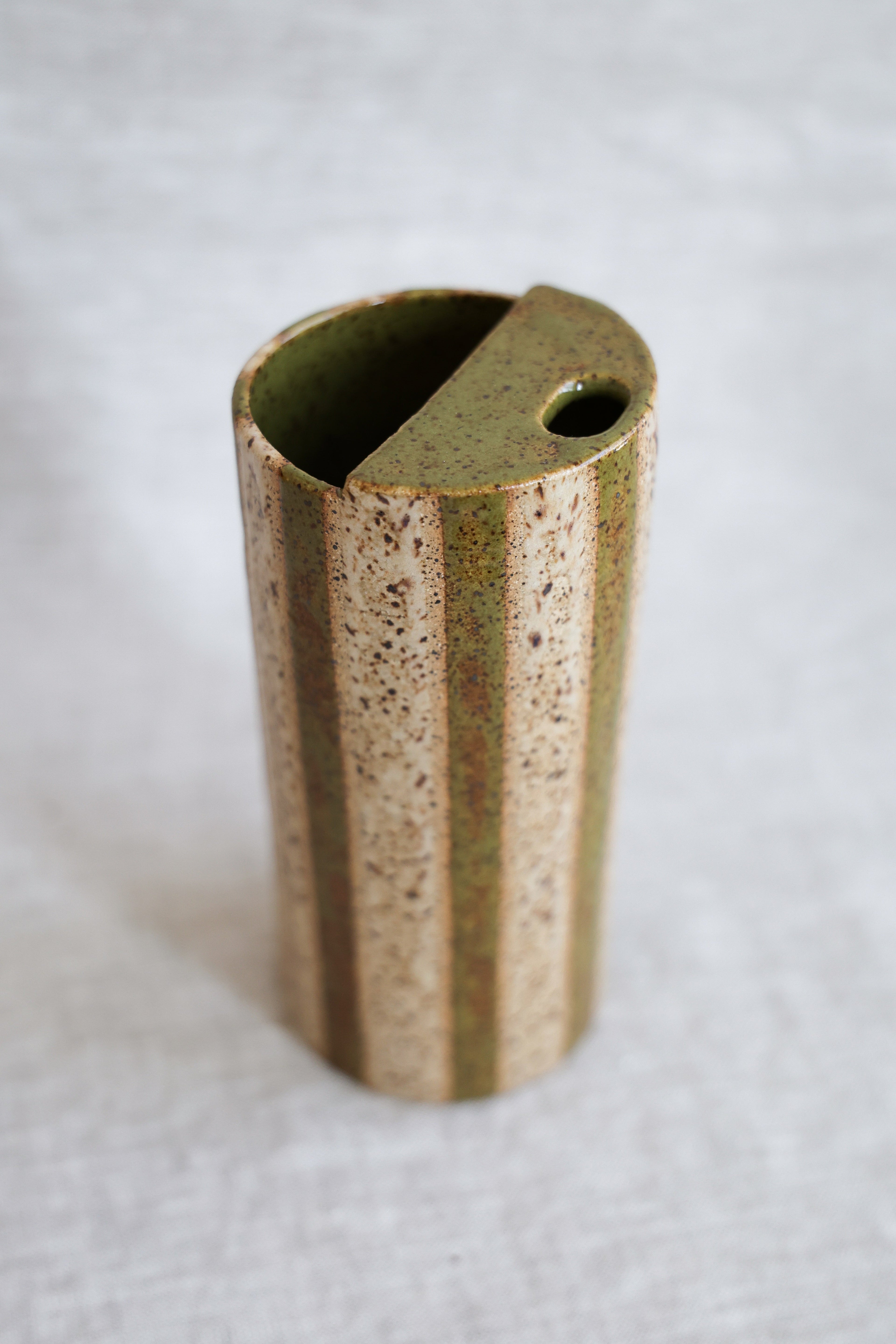 Olive and Neutral Striped Speckled Travel Mug, To Go Cup, On The Go Cup, Ceramic Travel Mug 14-16 oz.