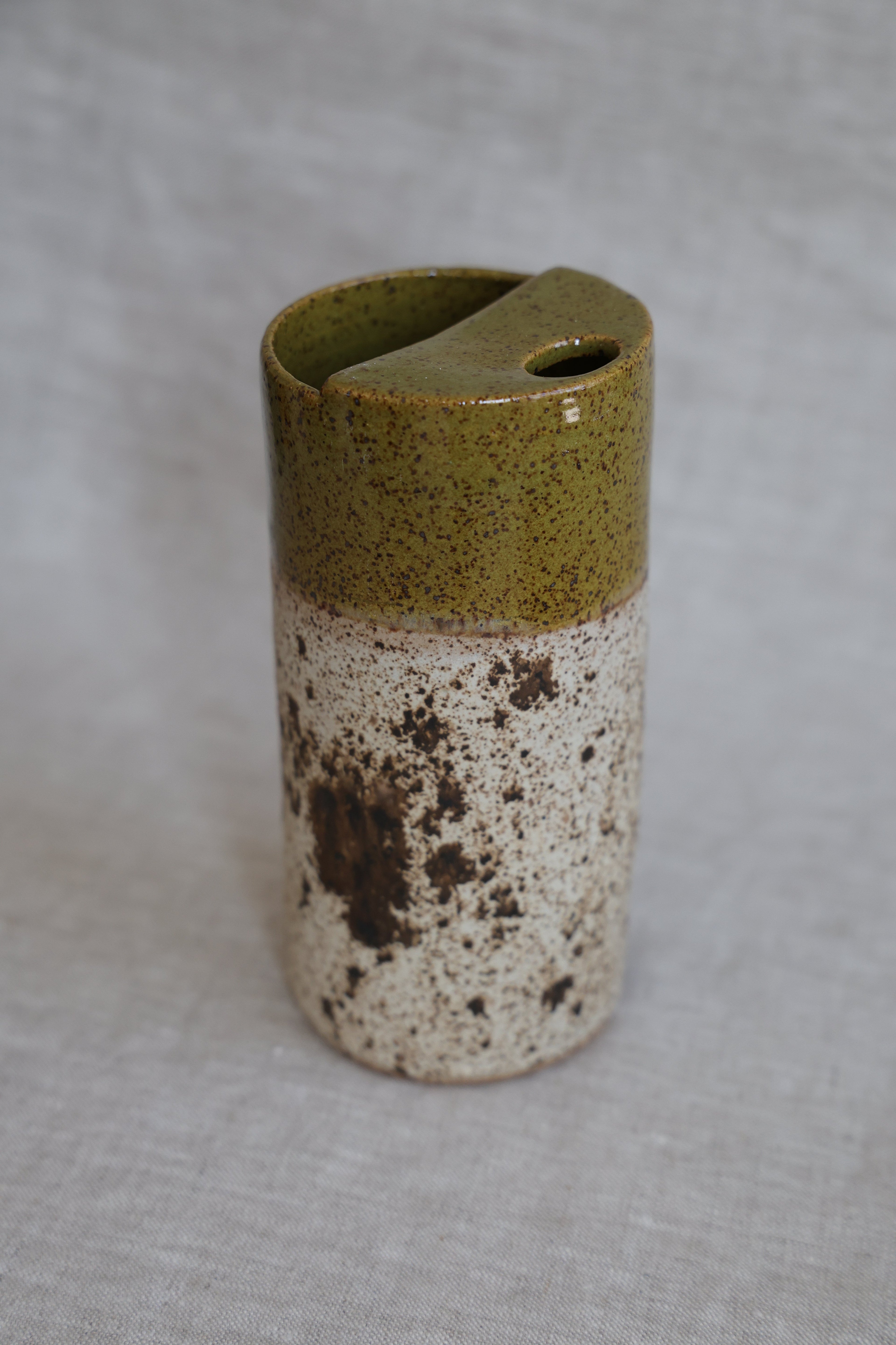 Olive Green and Quail Egg Speckled To Go Cup, Travel Mug, Travel Tumbler, Mustache Saver, Ceramic Stoneware,  Hand Thrown in Maine 14-16oz.  Pottery Cup