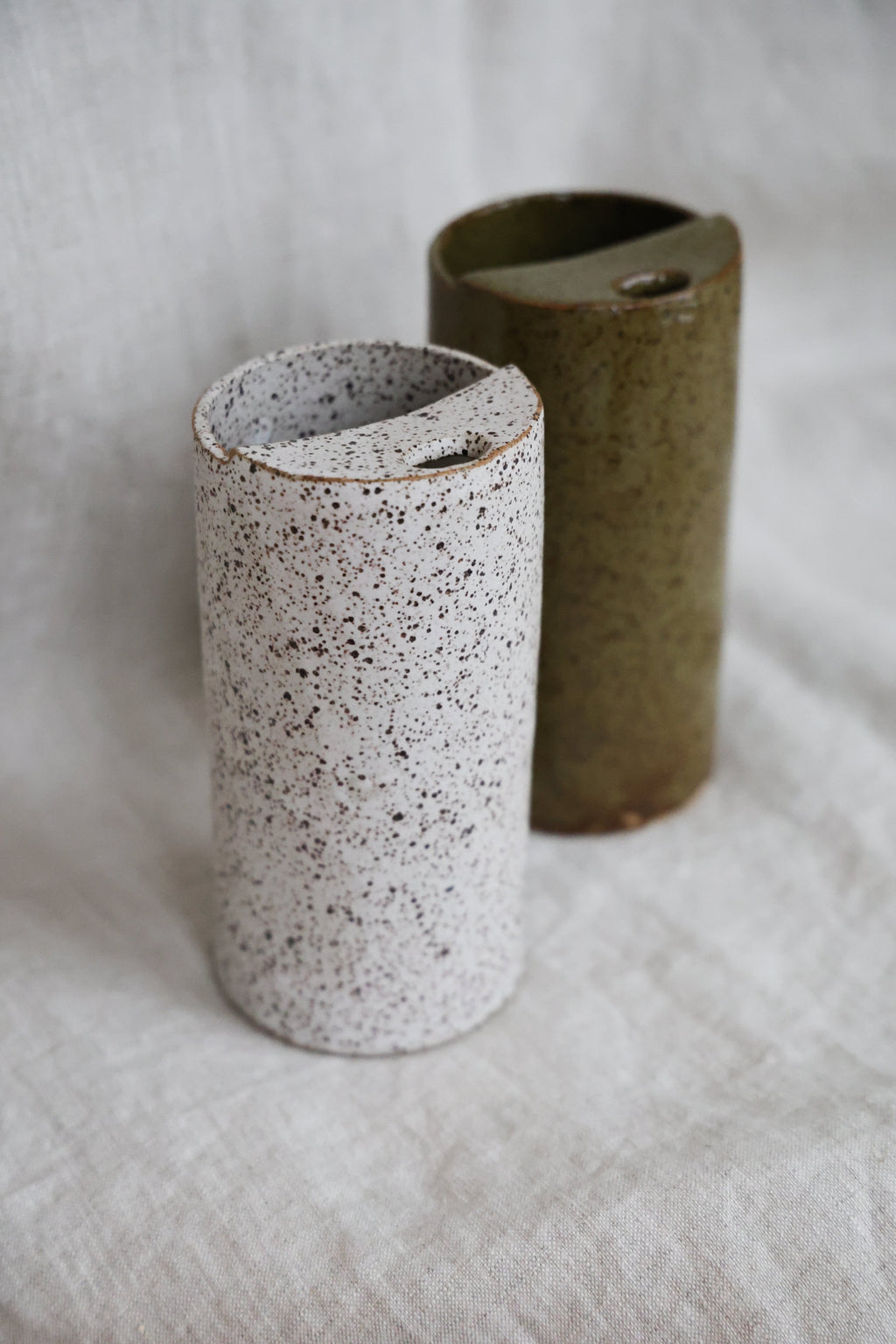 Matte White Speckled To Go Cup, Travel Mug, Mustache Saver, Ceramic Stoneware Hand Thrown in Gorham Maine 14-16oz.