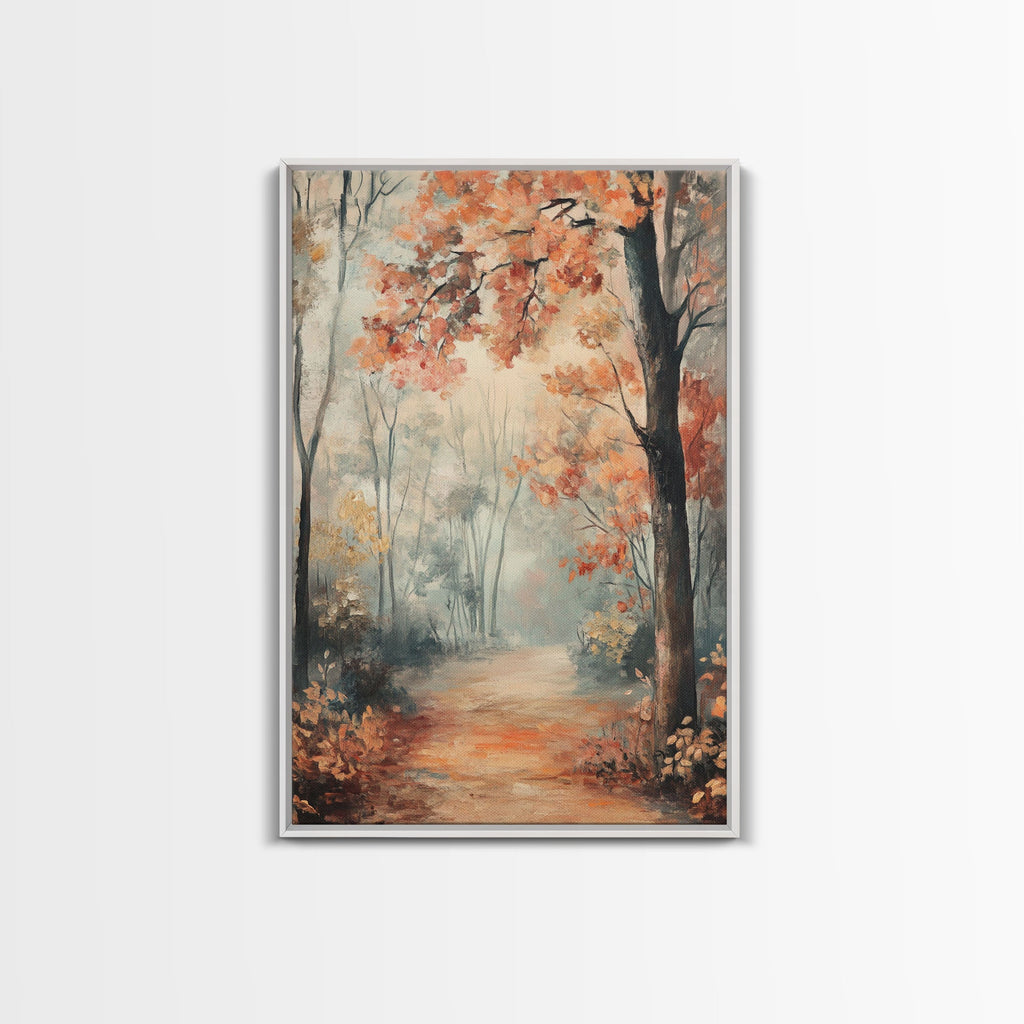 Framed Canvas Print of Foggy Autumn Forest with Red Leaves, Moody Landscape Wall Art, Fall Seasonal Decor, Best Gift Idea, Modern Farmhouse