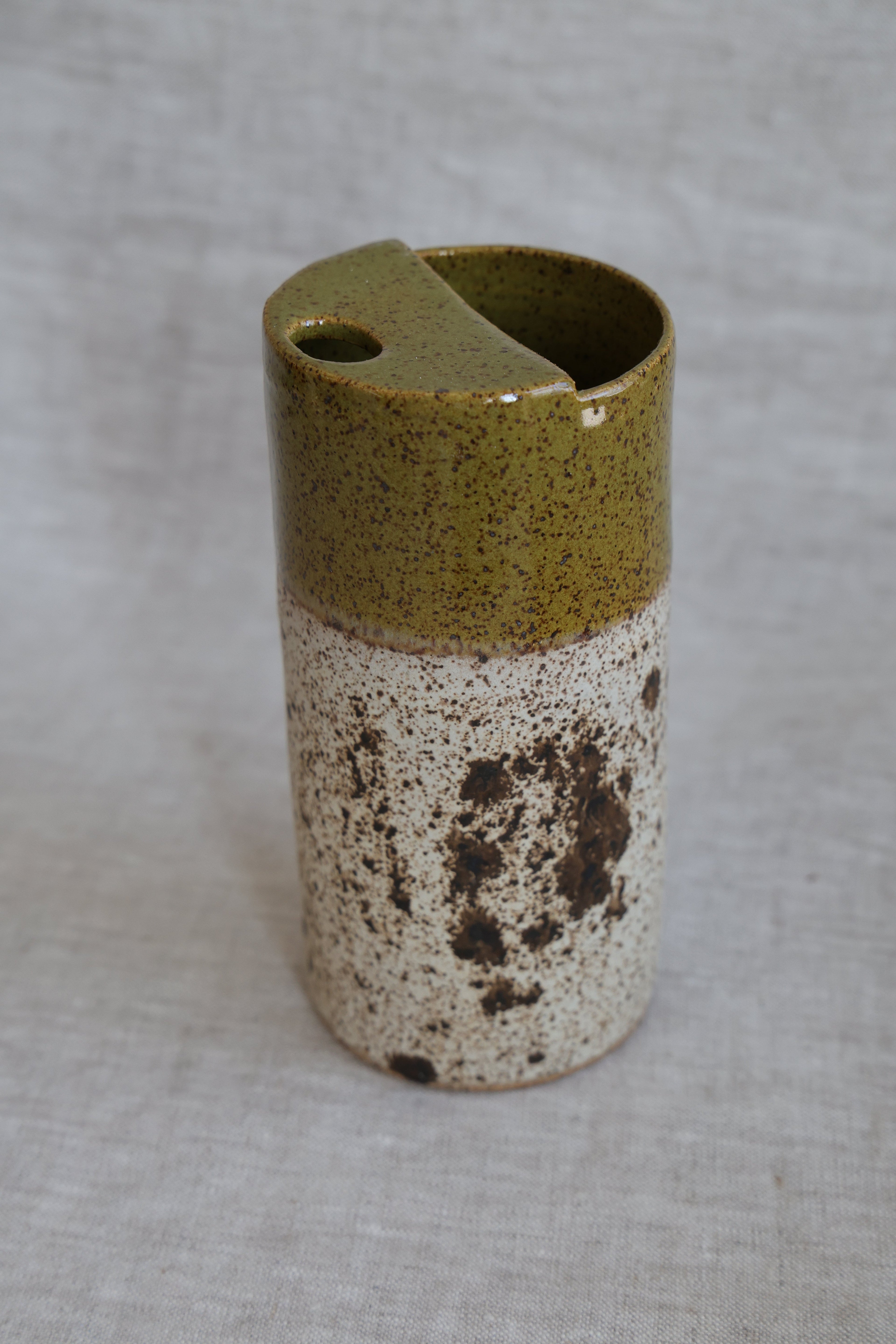 Olive Green and Quail Egg Speckled To Go Cup, Travel Mug, Travel Tumbler, Mustache Saver, Ceramic Stoneware,  Hand Thrown in Maine 14-16oz.  Pottery Cup