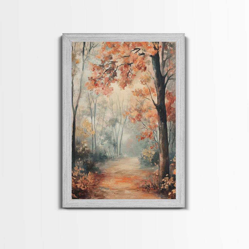 Framed Canvas Print of Foggy Autumn Forest with Red Leaves, Moody Landscape Wall Art, Fall Seasonal Decor, Best Gift Idea, Modern Farmhouse