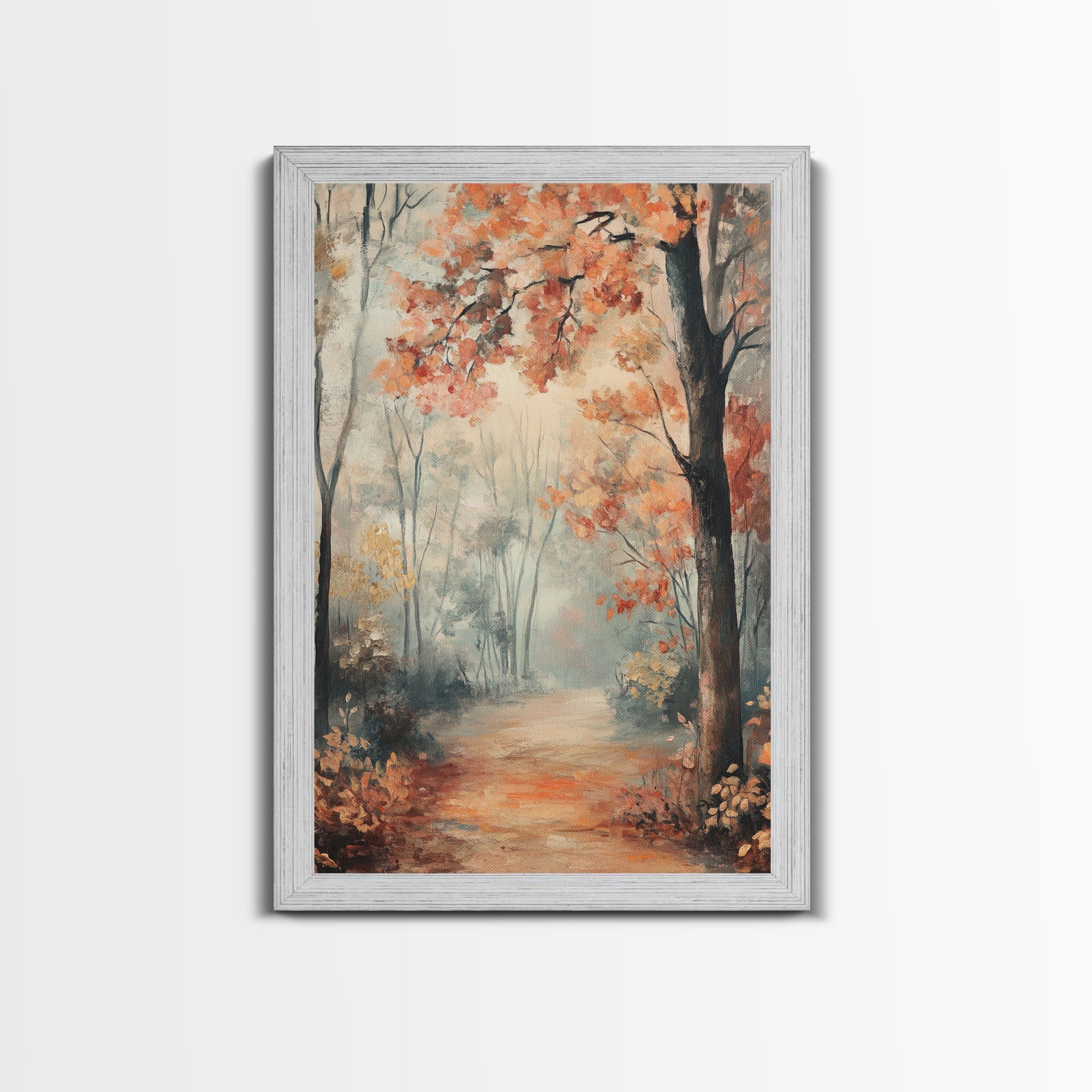Framed Canvas Print of Foggy Autumn Forest with Red Leaves, Moody Landscape Wall Art, Fall Seasonal Decor, Best Gift Idea, Modern Farmhouse