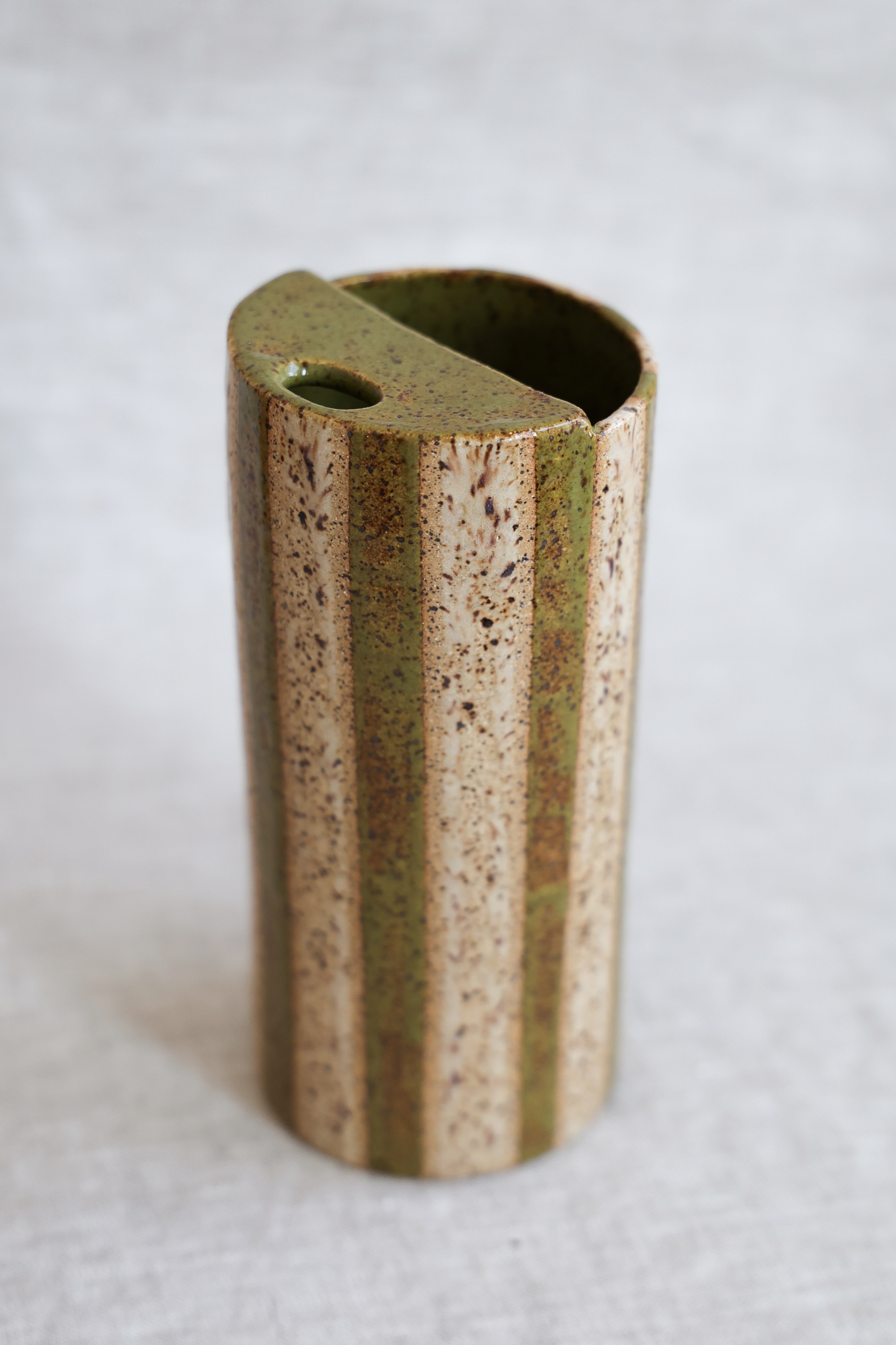 Olive and Neutral Striped Speckled Travel Mug, To Go Cup, On The Go Cup, Ceramic Travel Mug 14-16 oz.