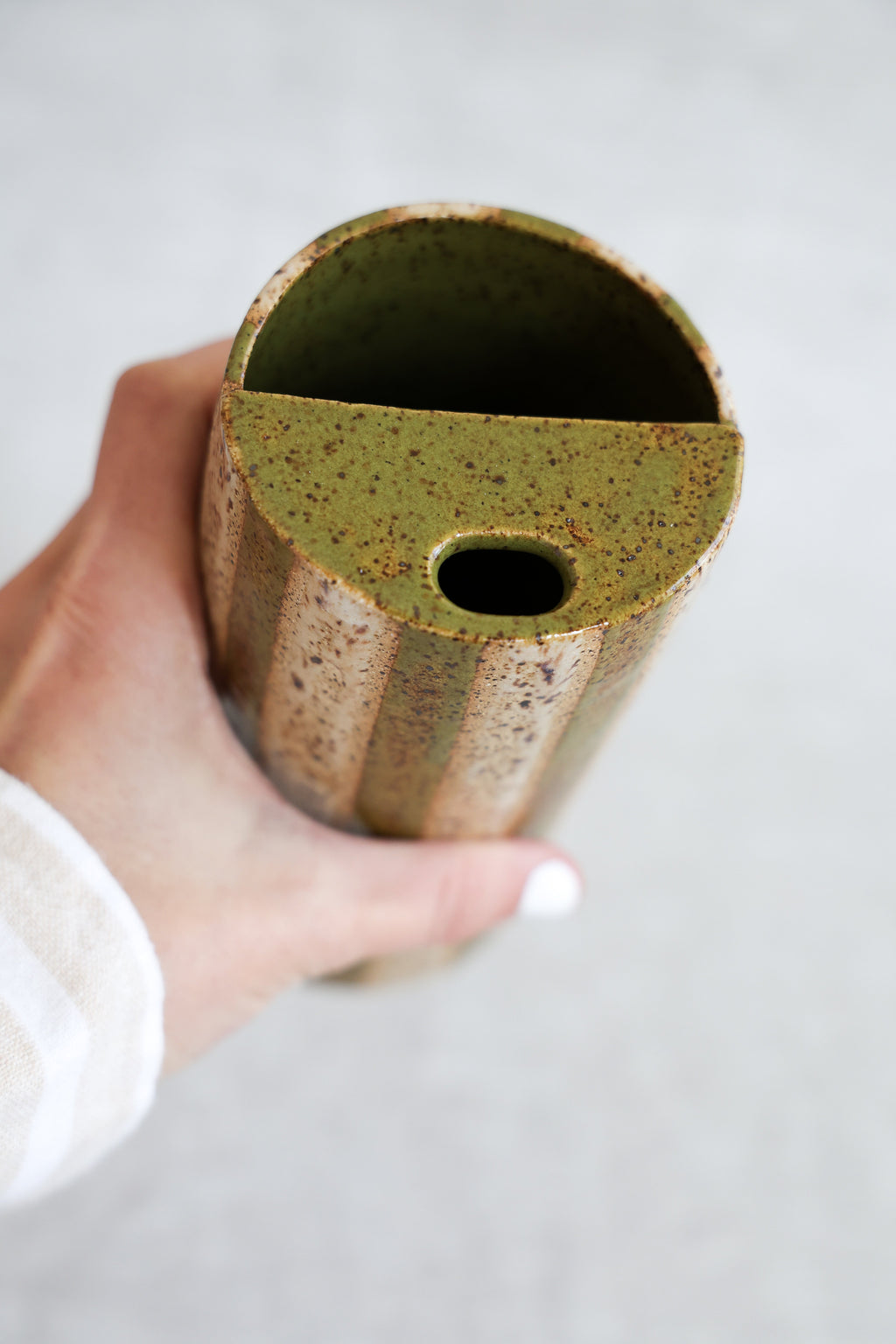 Olive and Neutral Striped Speckled Travel Mug, To Go Cup, On The Go Cup, Ceramic Travel Mug 14-16 oz.