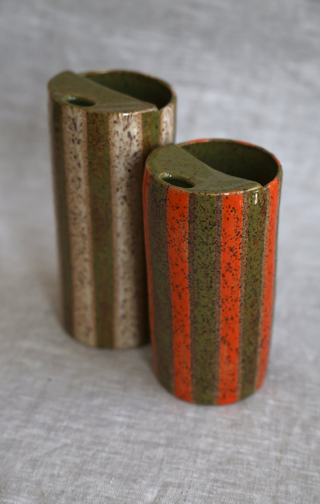 Olive and Neutral Striped Speckled Travel Mug, To Go Cup, On The Go Cup, Ceramic Travel Mug 14-16 oz.