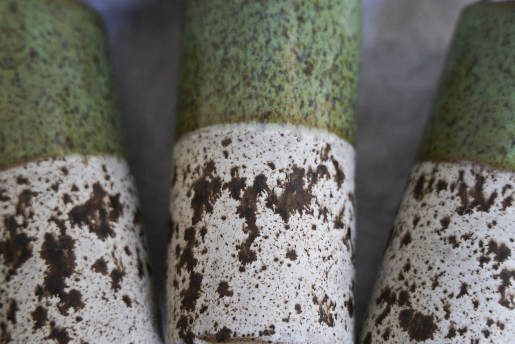 Green travel mug with creamy speckled bottom, Mustache Saver, Ceramic Stoneware Hand Thrown in Maine 14-16oz.