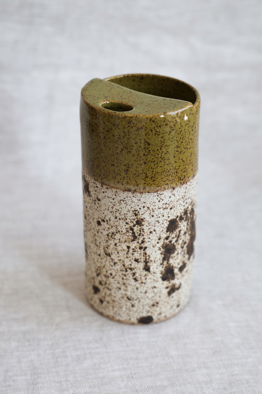 Olive Green and Quail Egg Speckled To Go Cup, Travel Mug, Travel Tumbler, Mustache Saver, Ceramic Stoneware,  Hand Thrown in Maine 14-16oz.  Pottery Cup