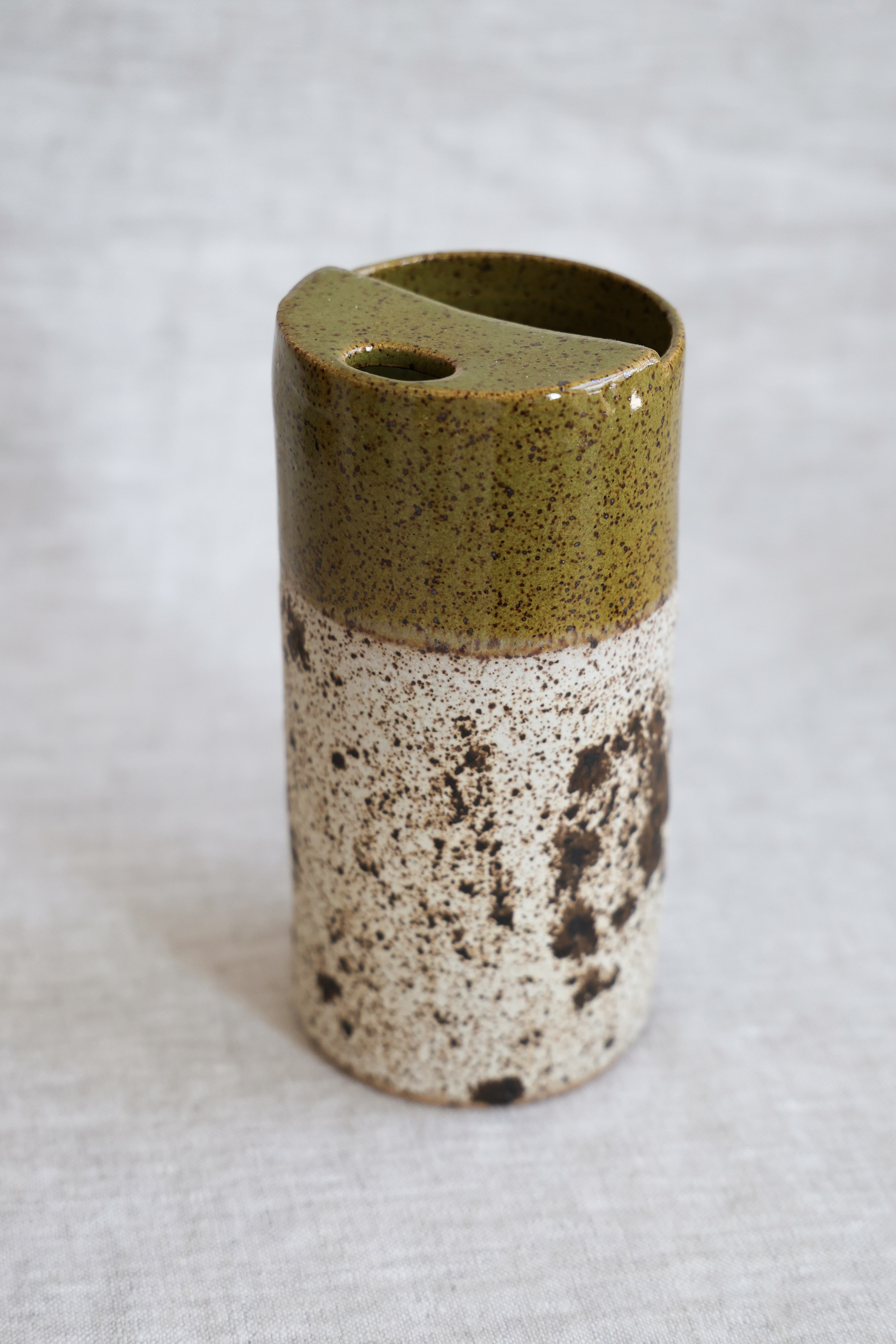 Olive Green and Quail Egg Speckled To Go Cup, Travel Mug, Travel Tumbler, Mustache Saver, Ceramic Stoneware,  Hand Thrown in Maine 14-16oz.  Pottery Cup