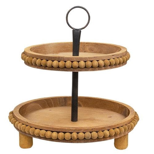 Rustic Natural Wooden Beaded Two-Tiered Tray