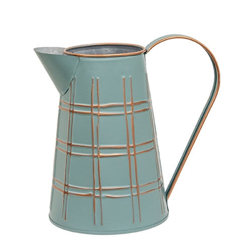 Teal Water Pitcher with Gold Plaid Pattern