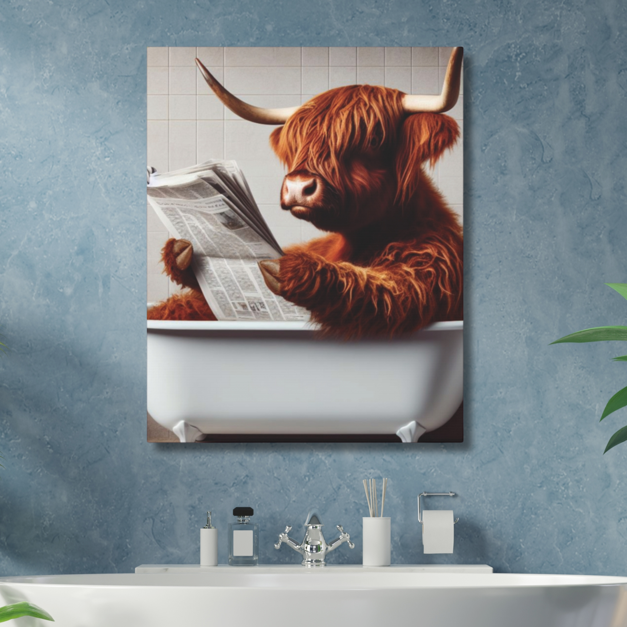 Highland Cow in a Clawfoot Tub Canvas Wall Art
