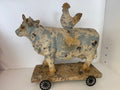 Resin 10" Brown Spring Rustic Cow and Chicken On Wheels