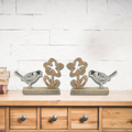 Set of 2 Rustic Metal Bird and Flowers on Wooden Stand