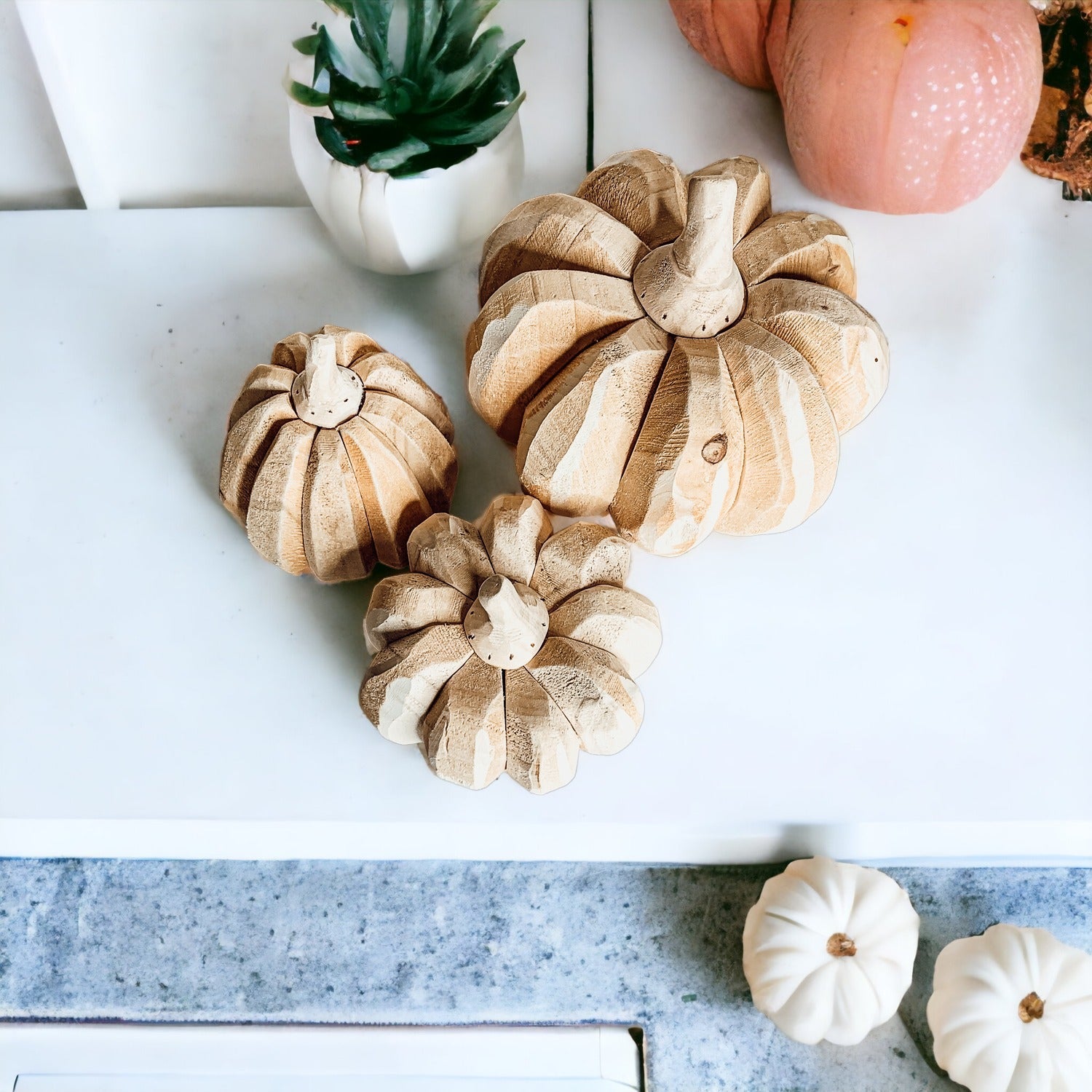 Farmhouse Wooden Pumpkin Trio Rustic Handcrafted Fall Decor Set