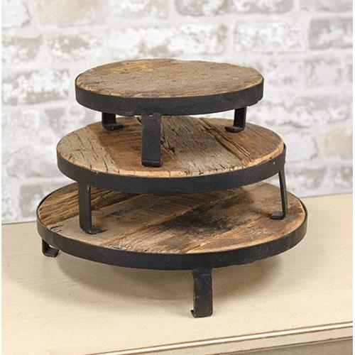 Set of Three Weathered Wood and Metal Round Risers