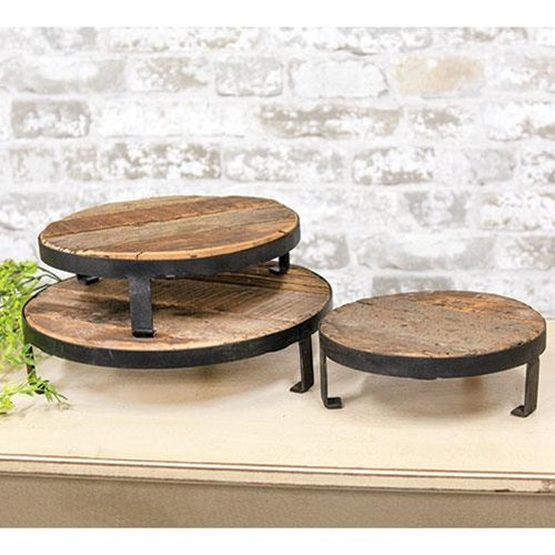 Set of Three Weathered Wood and Metal Round Risers