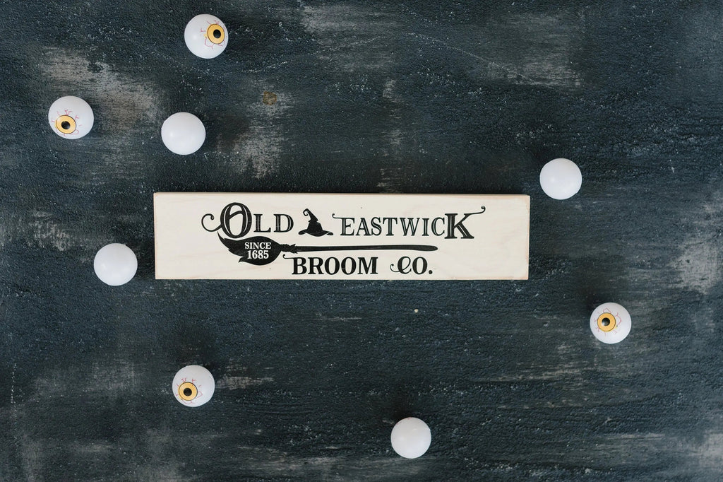 Halloween Signs | Halloween Tiered Tray Decor | Halloween Decor Wood Block | Wood Framed Miniature Sign | Old Eastwick Broom Co. Wood Sign